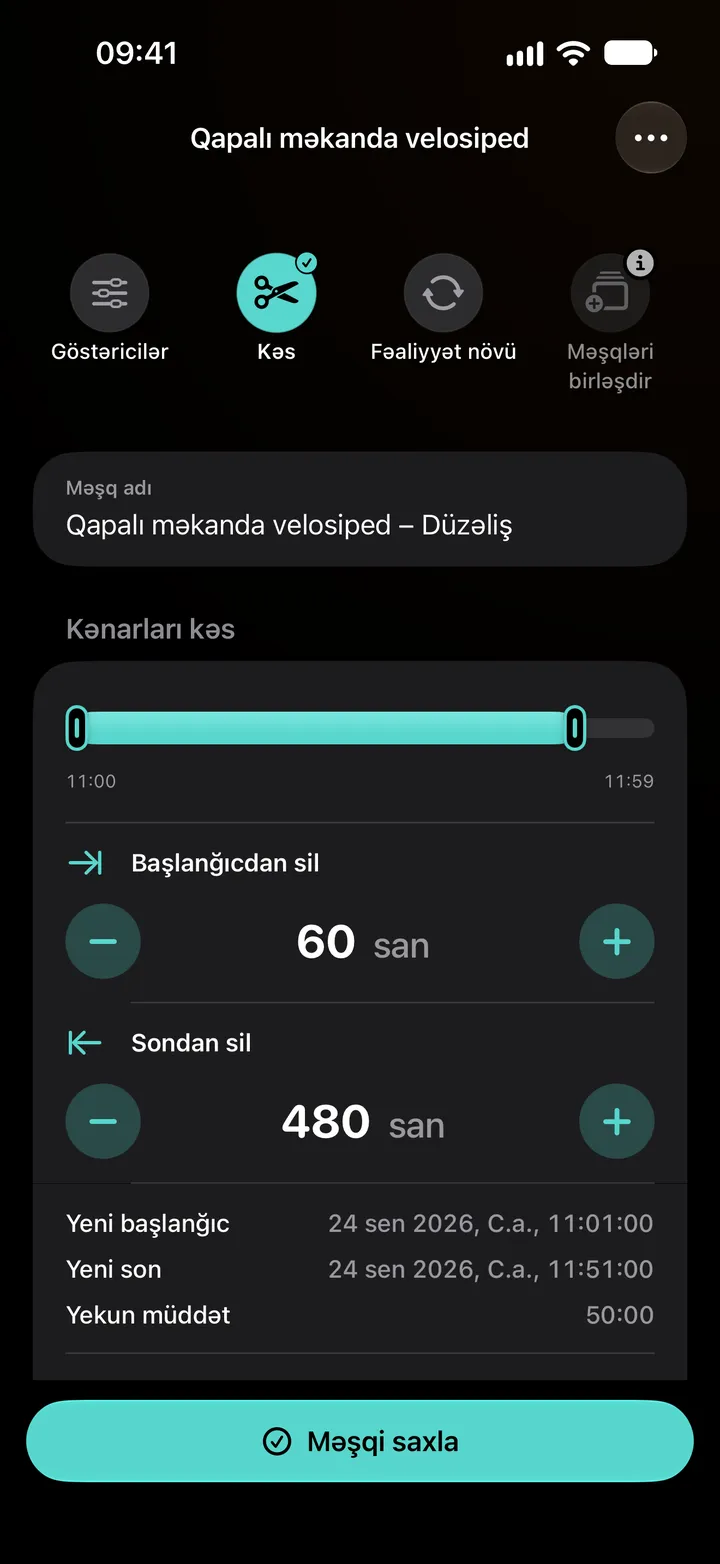Qapalı məkanda velosiped məşqinin kəsmə redaktoru: başlanğıcdan 60 saniyə, sondan 480 saniyə silinib, müddət 50:00.