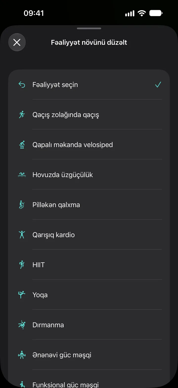 Fix My Workout-da «Fəaliyyət növünü düzəlt» siyahısı: qaçış zolağında qaçış, qapalı məkanda velosiped, hovuzda üzgüçülük, pilləkən qalxma, qarışıq kardio, HIIT, yoqa, dırmanma və güc məşqi.