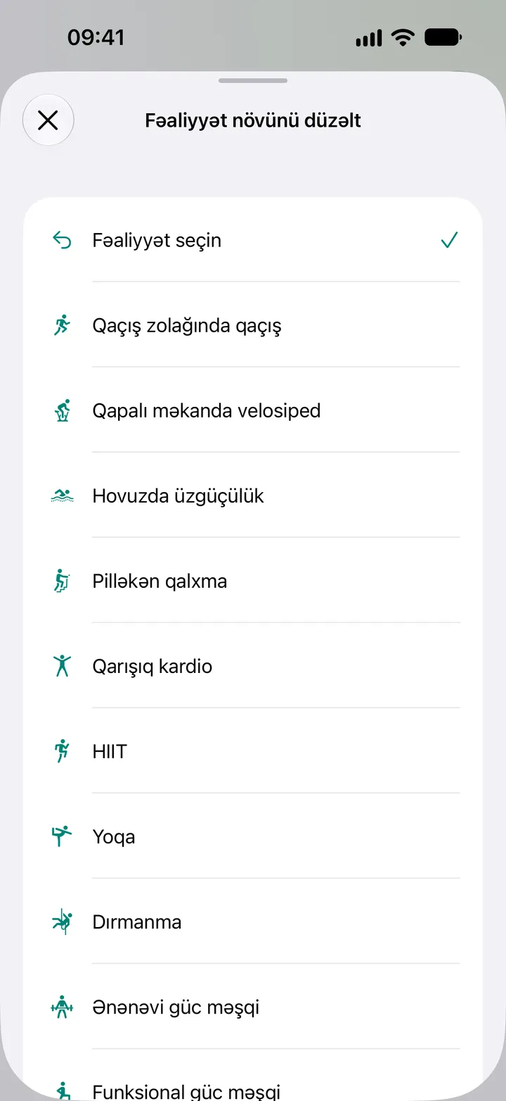 Fix My Workout-da «Fəaliyyət növünü düzəlt» siyahısı: qaçış zolağında qaçış, qapalı məkanda velosiped, hovuzda üzgüçülük, pilləkən qalxma, qarışıq kardio, HIIT, yoqa, dırmanma və güc məşqi.