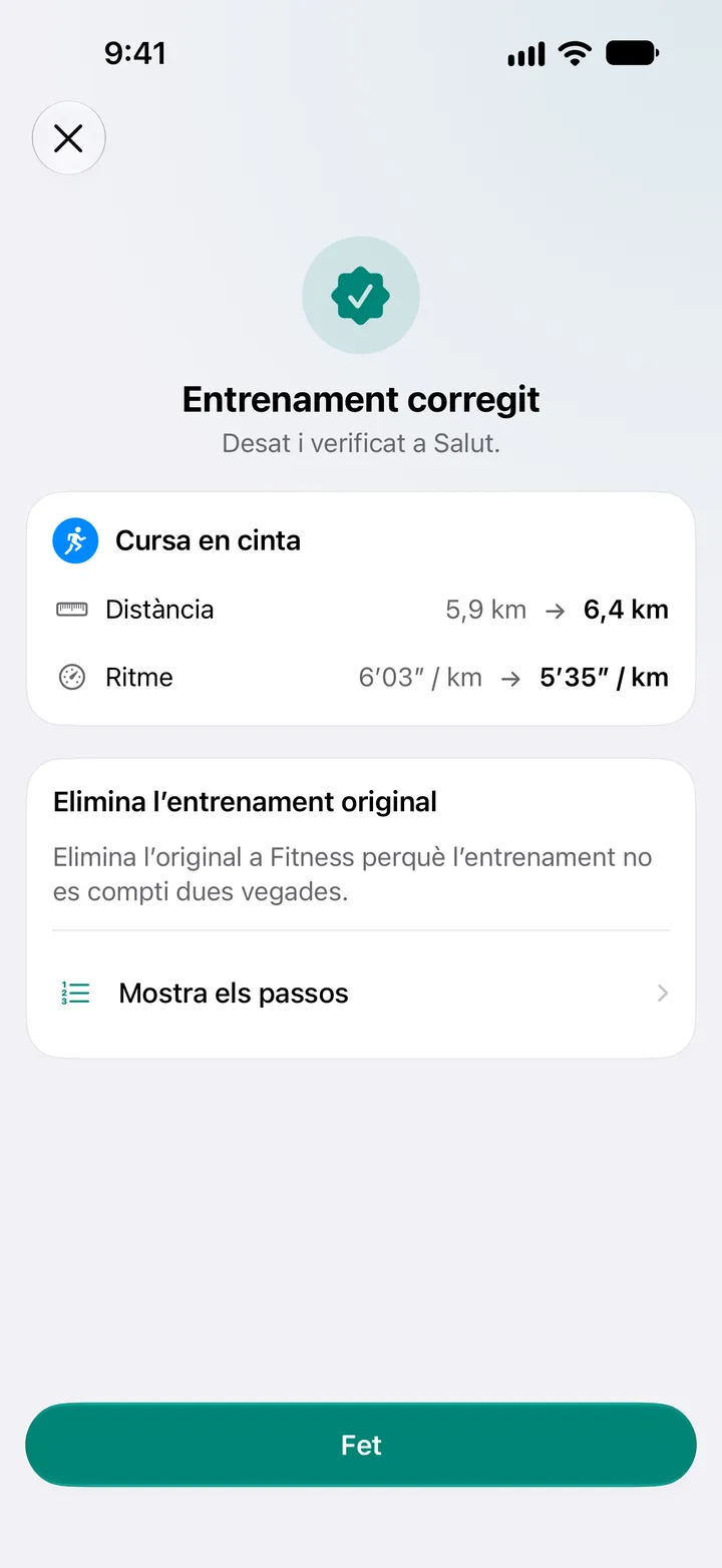 Entrenament corregit, desat i verificat a Salut. Distància de la cursa en cinta canviada de 5,9 km a 6,4 km, ritme de 6′03″ a 5′35″ per quilòmetre.