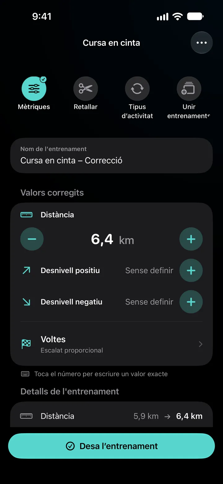 Editor de Cursa en cinta – Correcció amb la distància fixada en 6,4 km, voltes repartides uniformement i els detalls de l’entrenament amb 5,9 km canviat a 6,4 km.