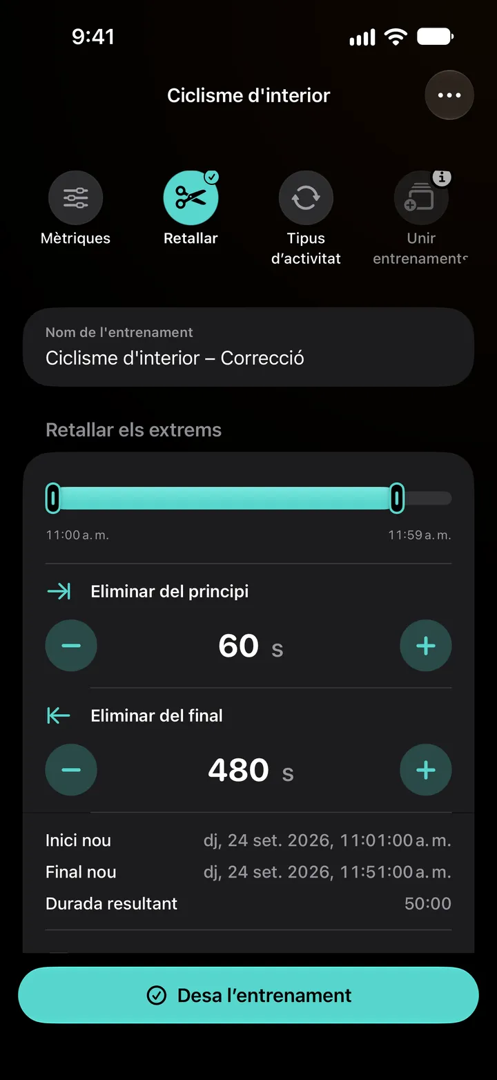 Retall dels extrems d’una sessió de ciclisme d’interior: 60 segons eliminats del principi i 480 del final, nou inici a les 11:01, nou final a les 11:51, durada resultant de 50:00.