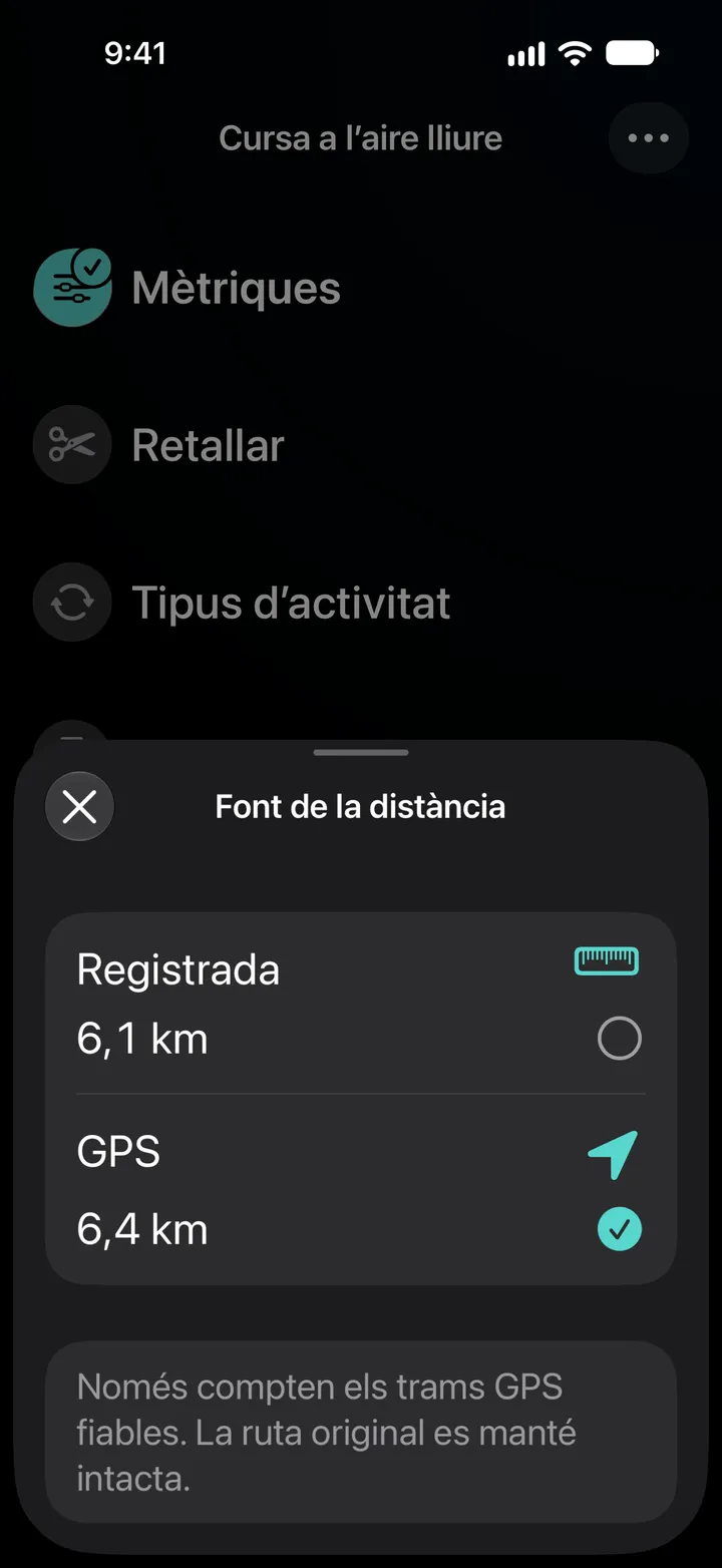 Font de la distància d’una cursa a l’aire lliure: registrada 6,1 km o GPS 6,4 km, amb GPS seleccionat. Només compten els trams GPS fiables.