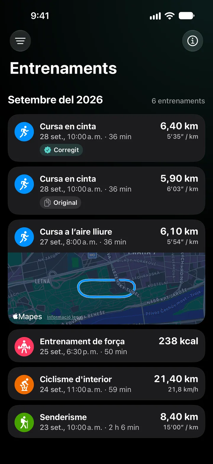 Llista d’entrenaments de setembre de 2026: la cursa en cinta corregida amb 6,40 km sobre l’original amb 5,90 km, després una cursa a l’aire lliure amb ruta, un entrenament de força, ciclisme d’interior i una excursió.