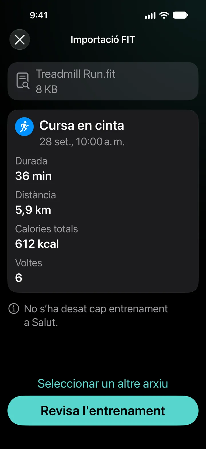 Previsualització de la importació FIT de Treadmill Run.fit: 36 minuts, 5,9 km, 612 kcal, 6 voltes. No s’ha desat cap entrenament a Salut.