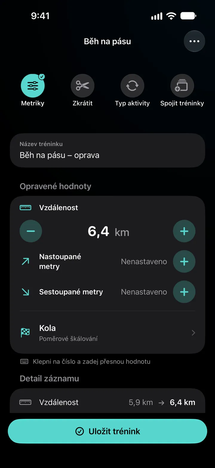 Úprava tréninku Běh na pásu – oprava: vzdálenost 6,4 km, kola s poměrovým škálováním a v detailu změna z 5,9 km na 6,4 km.