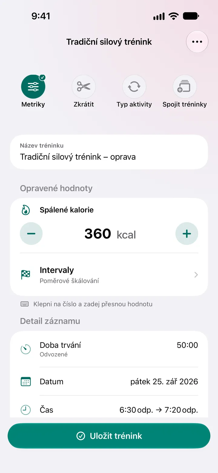 Tradiční silový trénink – oprava se spálenými kaloriemi 360 kcal a dobou trvání 50:00.