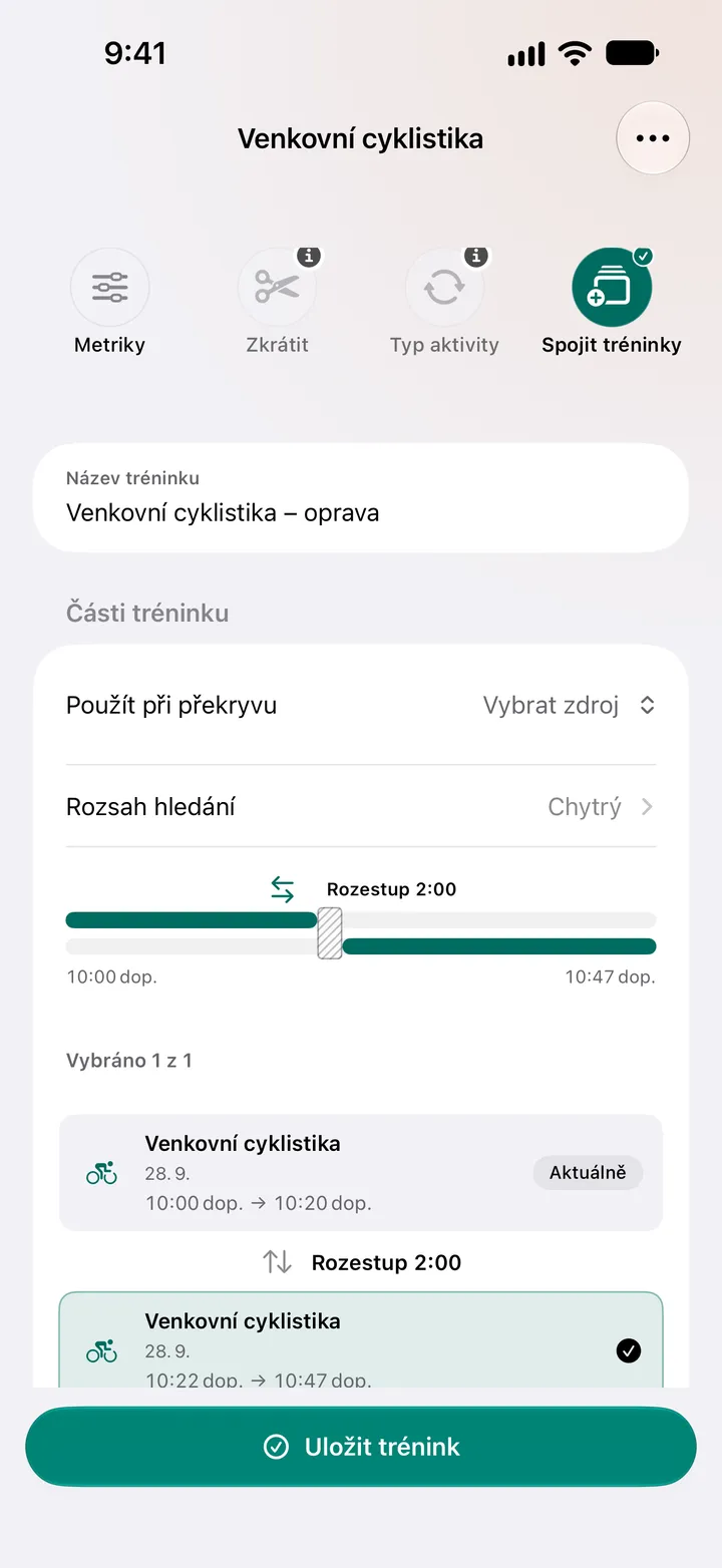 Dvě venkovní jízdy dvě minuty od sebe, 10:00–10:20 a 10:22–10:47, vybrané ke spojení, s volbou zdroje pro překryv.