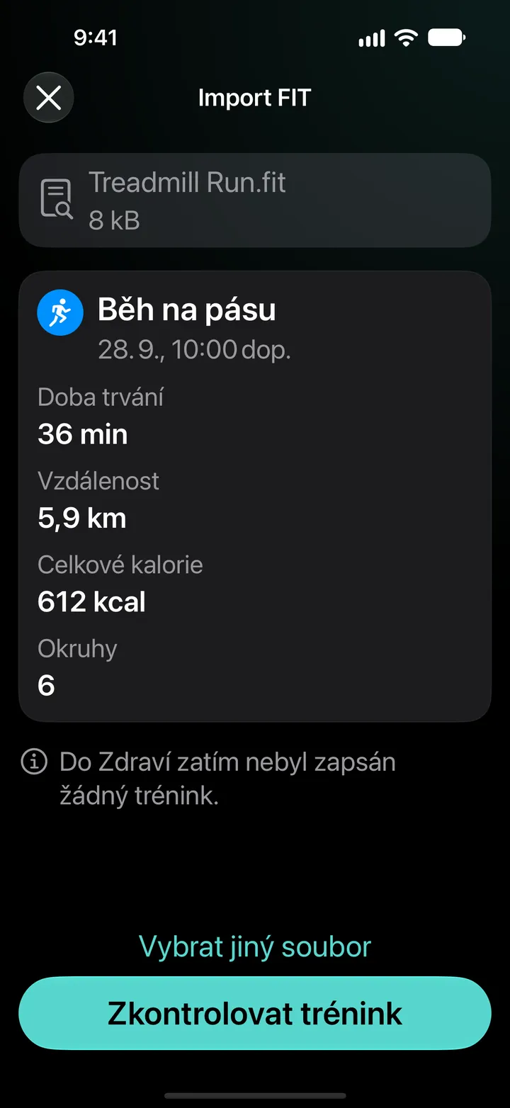 Náhled importu souboru Treadmill Run.fit: 36 minut, 5,9 km, 612 kcal, 6 kol. Do Zdraví zatím nebyl zapsán žádný trénink.