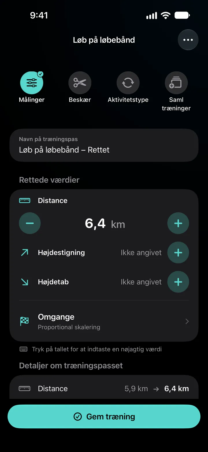 Editoren for Løb på løbebånd – Rettet med distancen sat til 6,4 km, omgange fordelt jævnt og træningsdetaljerne, der viser 5,9 km ændret til 6,4 km.