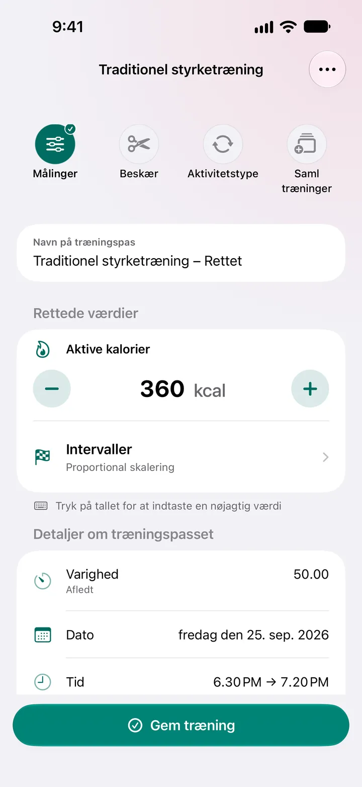 Traditionel styrketræning – Rettet med aktive kalorier sat til 360 kcal og en varighed på 50:00.