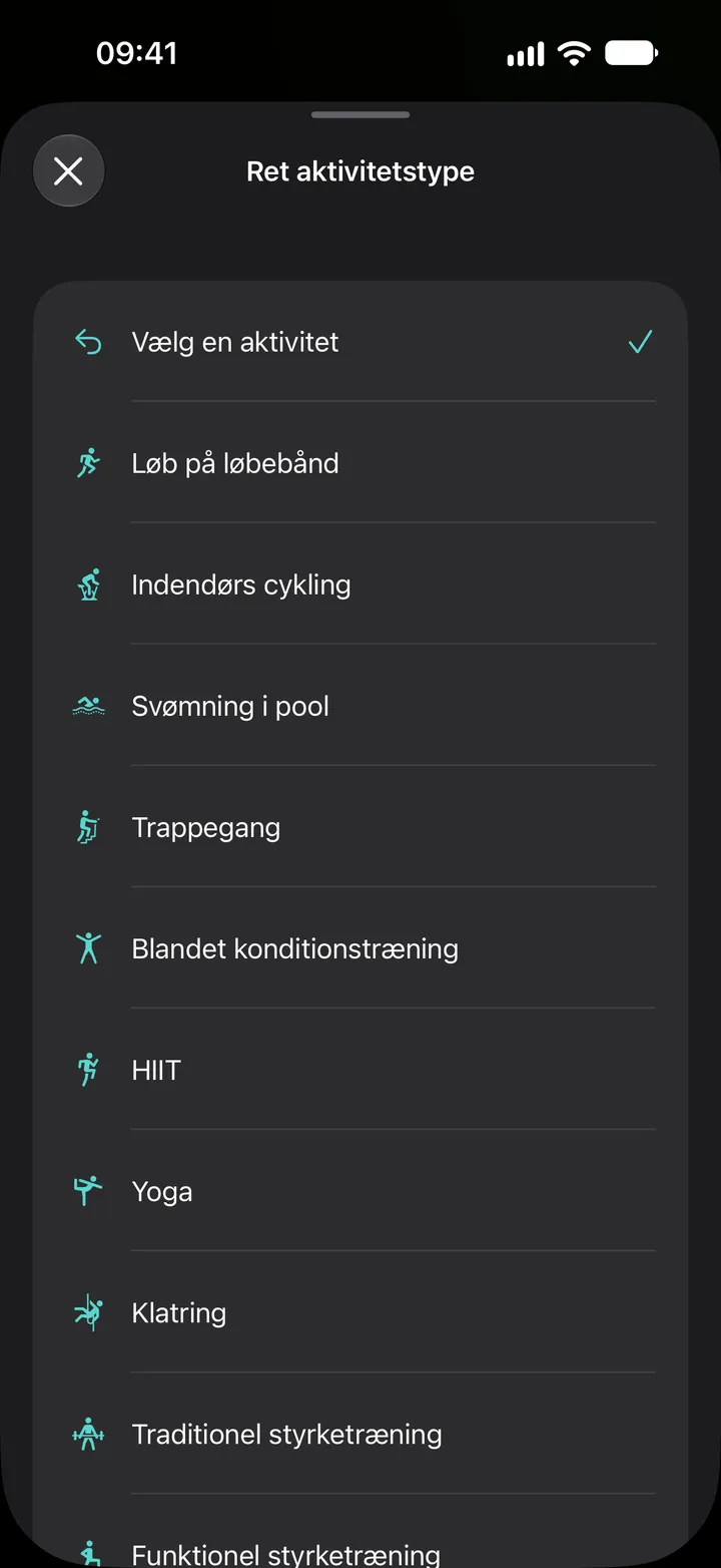 Listen Ret aktivitetstype i Fix My Workout: løb på løbebånd, indendørs cykling, svømning i pool, trappegang, blandet konditionstræning, HIIT, yoga, klatring og styrketræning.