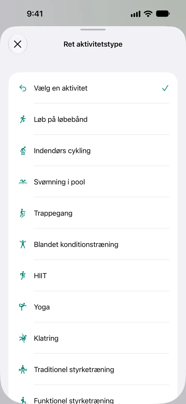 Listen Ret aktivitetstype: løb på løbebånd, indendørs cykling, svømning i pool, trappegang, blandet konditionstræning, HIIT, yoga, klatring og styrketræning.