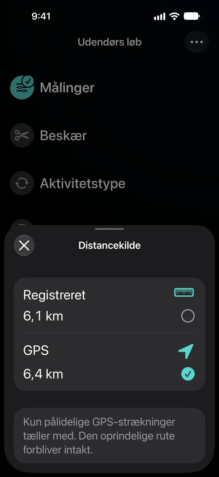 Distancekilde for en udendørs løbetur: registreret 6,1 km eller GPS 6,4 km, med GPS valgt. Kun pålidelige GPS-strækninger tæller med.