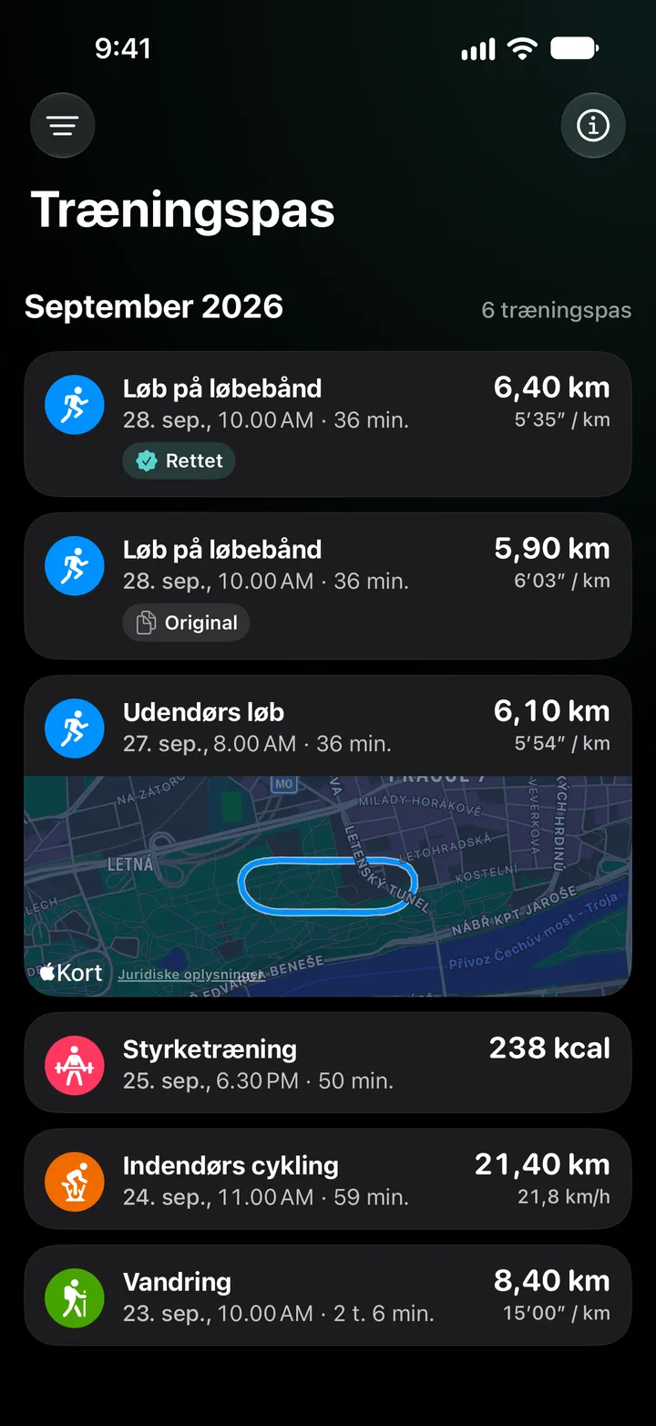 Træningsliste for september 2026: det rettede løbebåndspas med 6,40 km over originalen med 5,90 km, derefter en udendørs løbetur med rute, styrketræning, indendørs cykling og en vandretur.