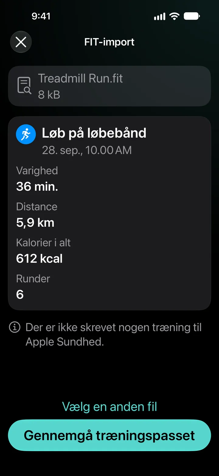 Forhåndsvisning i FIT-import af Treadmill Run.fit: 36 minutter, 5,9 km, 612 kcal, 6 omgange. Der er ikke skrevet noget træningspas til Sundhed.