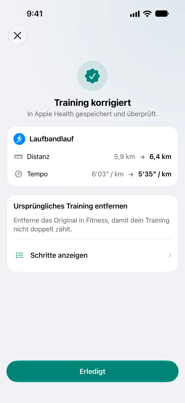 Training korrigiert, in Health gespeichert und überprüft. Distanz des Laufbandlaufs von 5,9 km auf 6,4 km geändert, Tempo von 6′03″ auf 5′35″ pro Kilometer.