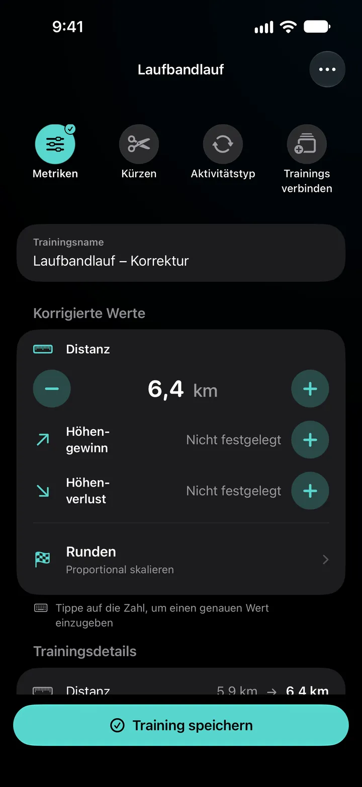 Editor für „Laufbandlauf – Korrektur“ mit der Distanz auf 6,4 km, Runden mit „Gleichmäßig verteilen“ und Trainingsdetails, die 5,9 km geändert auf 6,4 km zeigen.