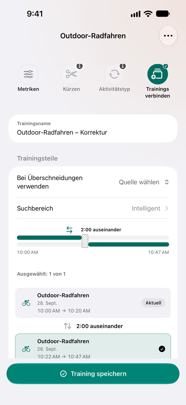 Zwei Outdoor-Radfahrten im Abstand von zwei Minuten, 10:00–10:20 und 10:22–10:47, zum Zusammenführen ausgewählt, mit der Wahl der Quelle bei Überschneidungen.