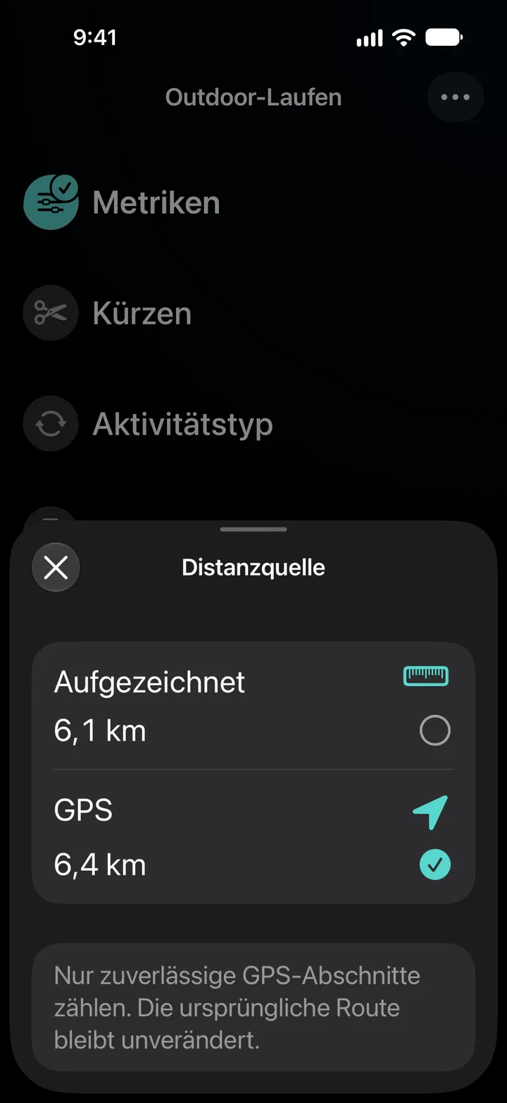 Distanzquelle eines Outdoor-Laufs: aufgezeichnet 6,1 km oder GPS 6,4 km, GPS ausgewählt. Nur zuverlässige GPS-Abschnitte zählen.