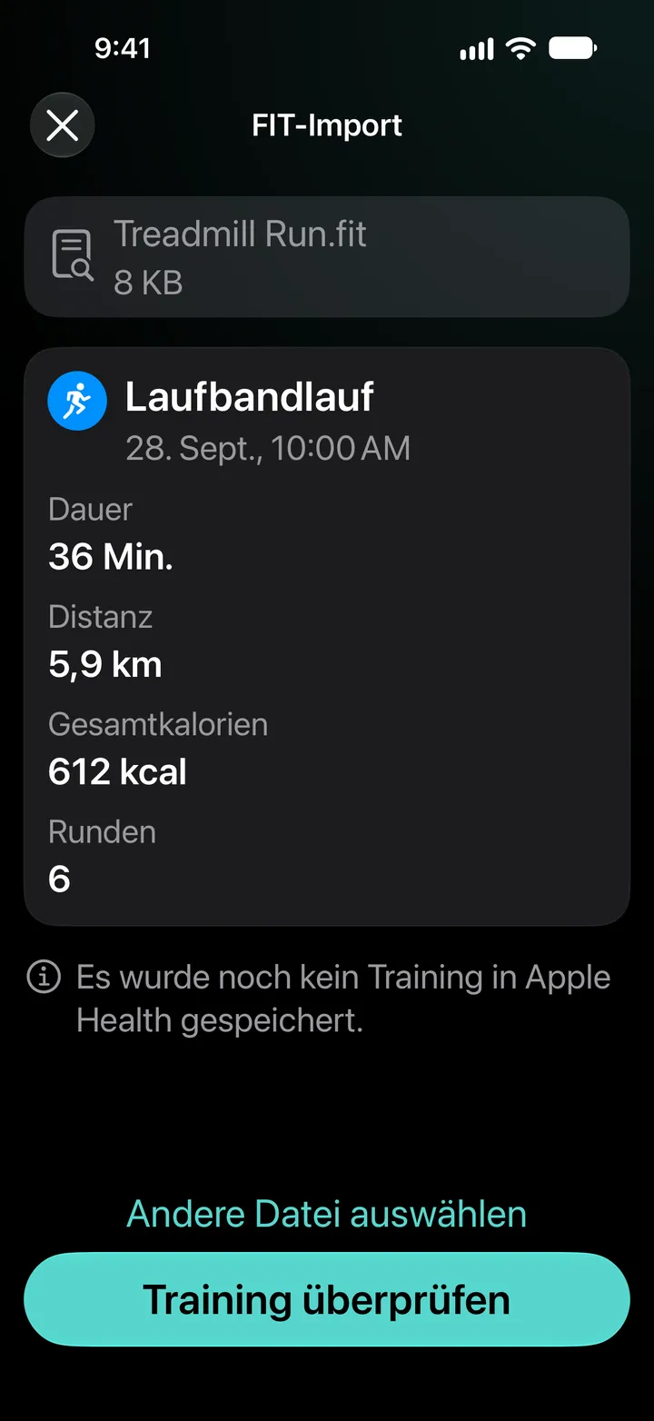 FIT-Import-Vorschau von Treadmill Run.fit: 36 Minuten, 5,9 km, 612 kcal, 6 Runden. Es wurde noch kein Training in Health gespeichert.