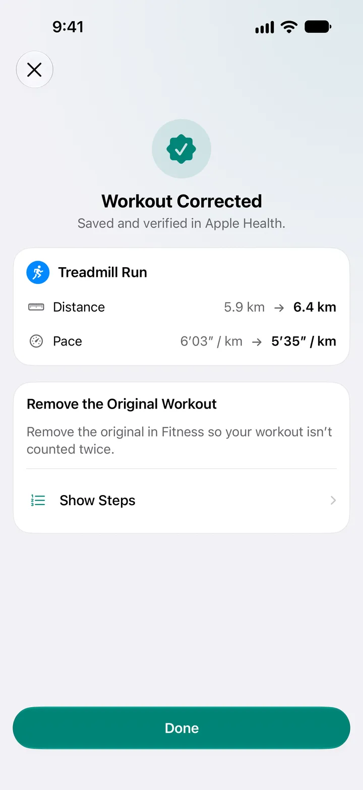 Workout Corrected screen listing the changed distance and pace, with steps to remove the original in Fitness.