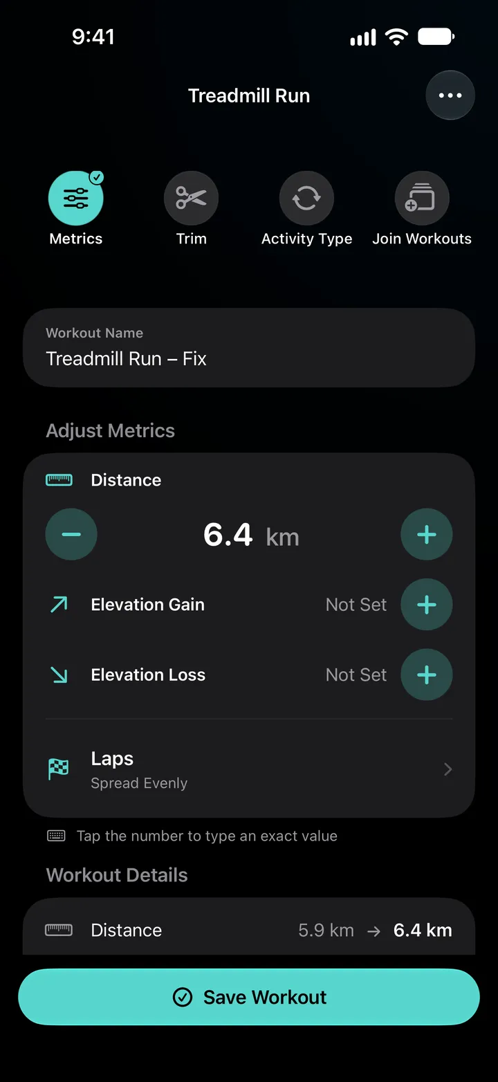 Treadmill Run – Fix editor with the distance set to 6.4 km, laps spread evenly, and the workout details showing 5.9 km changed to 6.4 km.