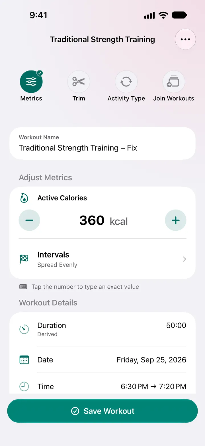 Traditional Strength Training – Fix with active calories set to 360 kcal and a duration of 50:00.