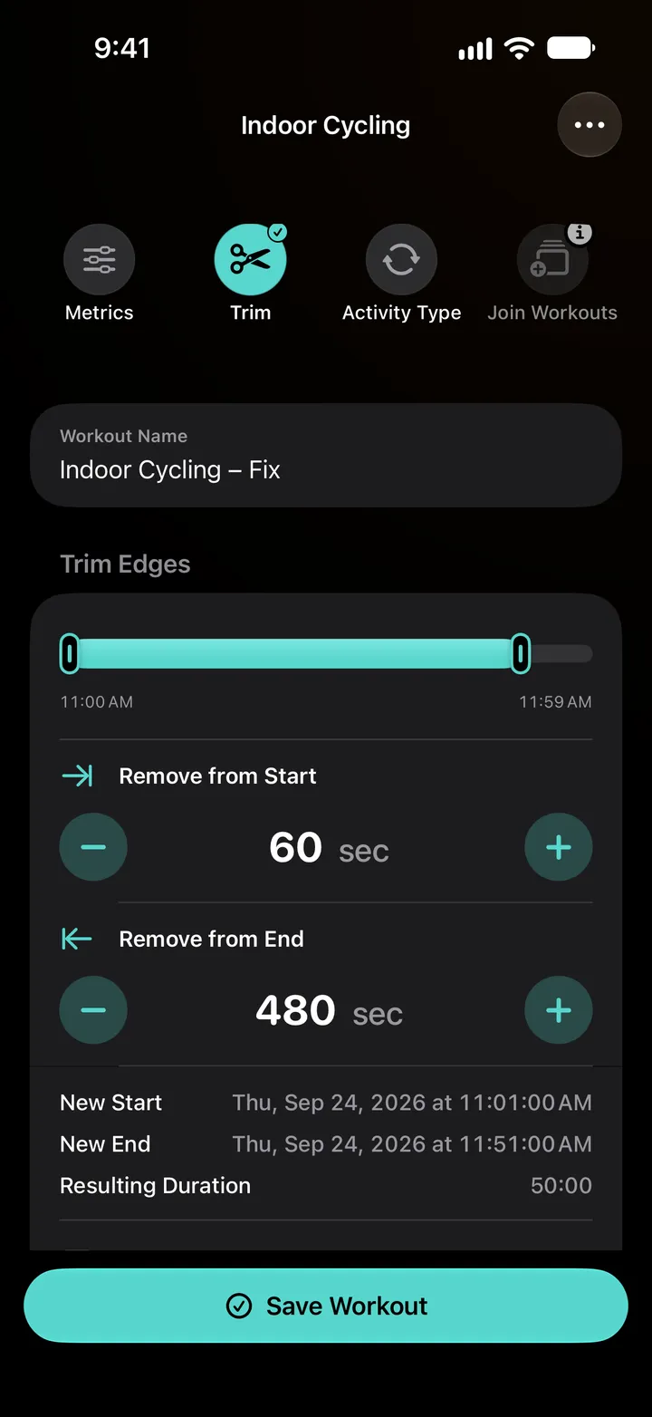 Trim edges of an indoor ride: 60 seconds removed from the start and 480 from the end, new start 11:01, new end 11:51, resulting duration 50:00.