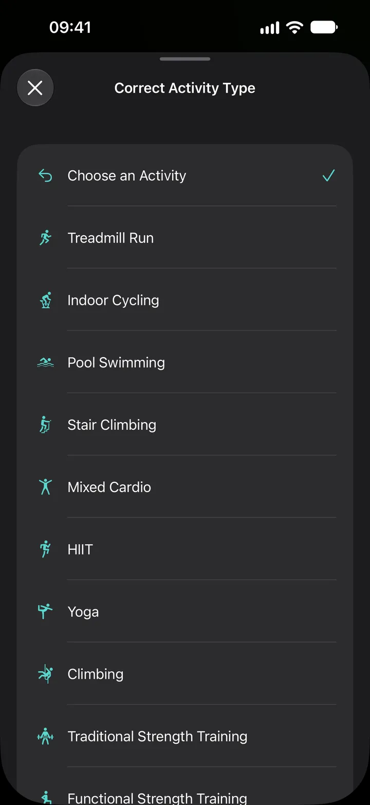 Correct Activity Type list in Fix My Workout: treadmill run, indoor cycling, pool swimming, stair climbing, mixed cardio, HIIT, yoga, climbing and strength training.