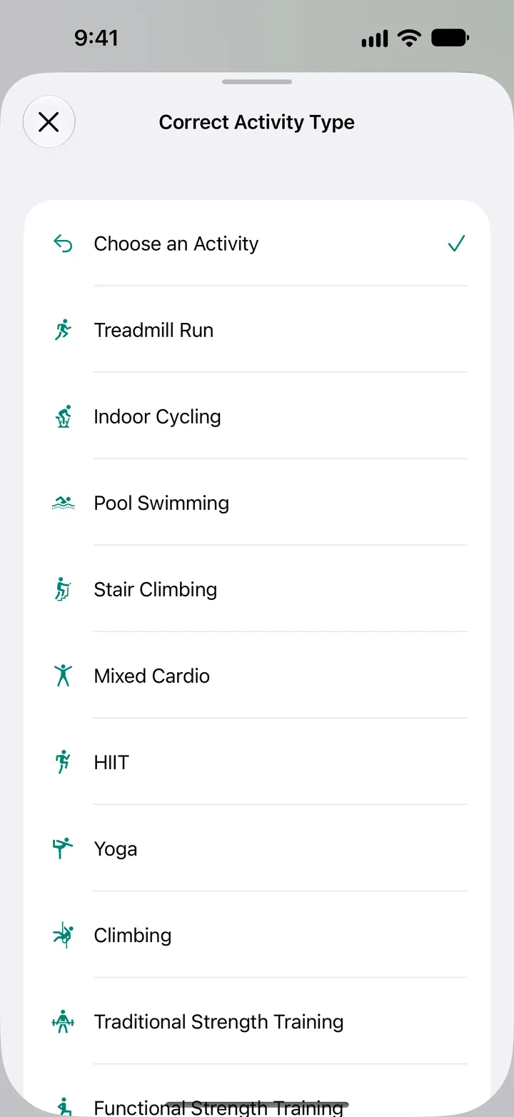 Correct Activity Type list: treadmill run, indoor cycling, pool swimming, stair climbing, mixed cardio, HIIT, yoga, climbing and strength training.