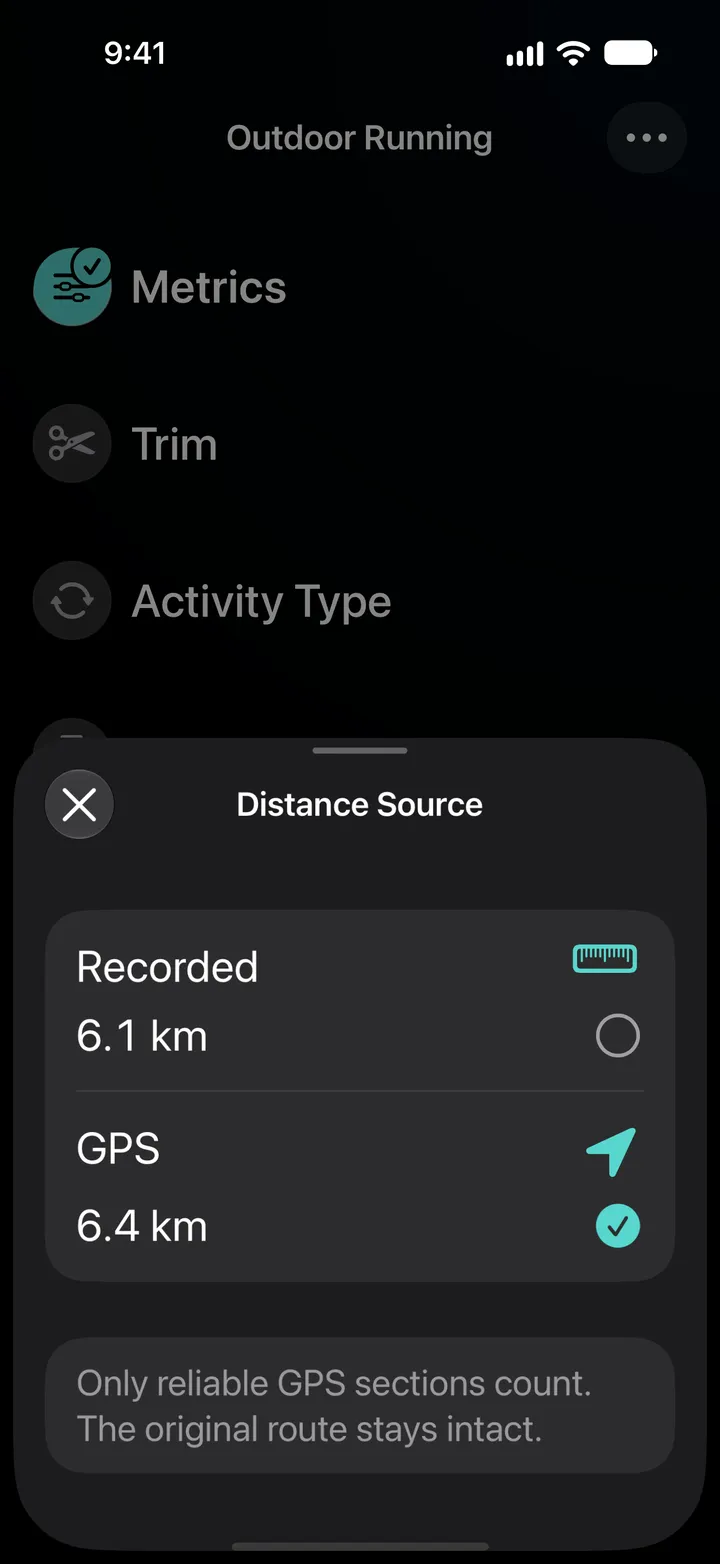 Distance source of an outdoor run: recorded 6.1 km or GPS 6.4 km, with GPS selected. Only reliable GPS sections count.