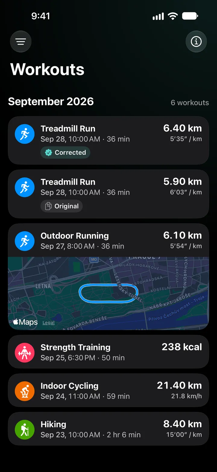 Workout list for September 2026: the corrected treadmill run with 6.40 km above the original with 5.90 km, then an outdoor run with its route, strength training, indoor cycling and a hike.