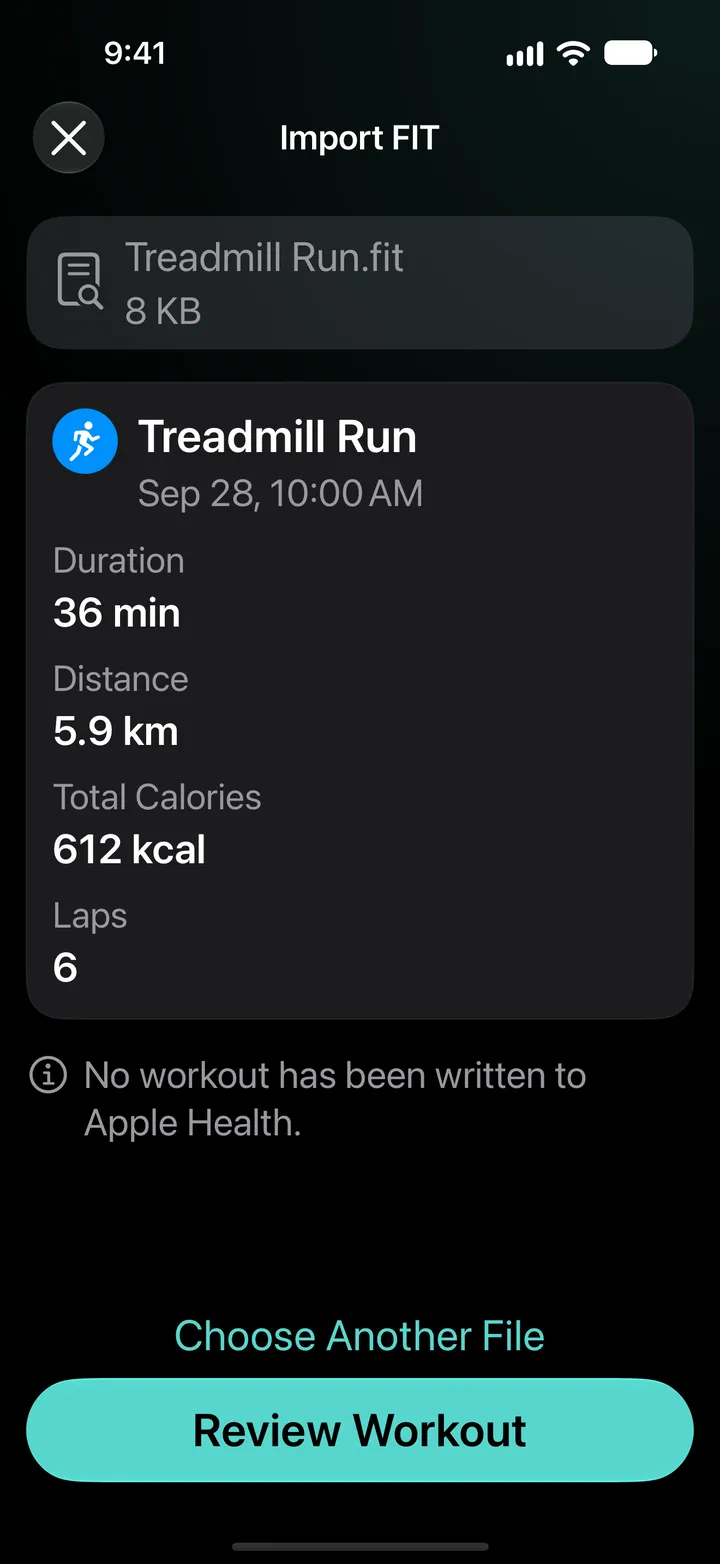 Import FIT preview of Treadmill Run.fit: 36 minutes, 5.9 km, 612 kcal, 6 laps. No workout has been written to Apple Health.