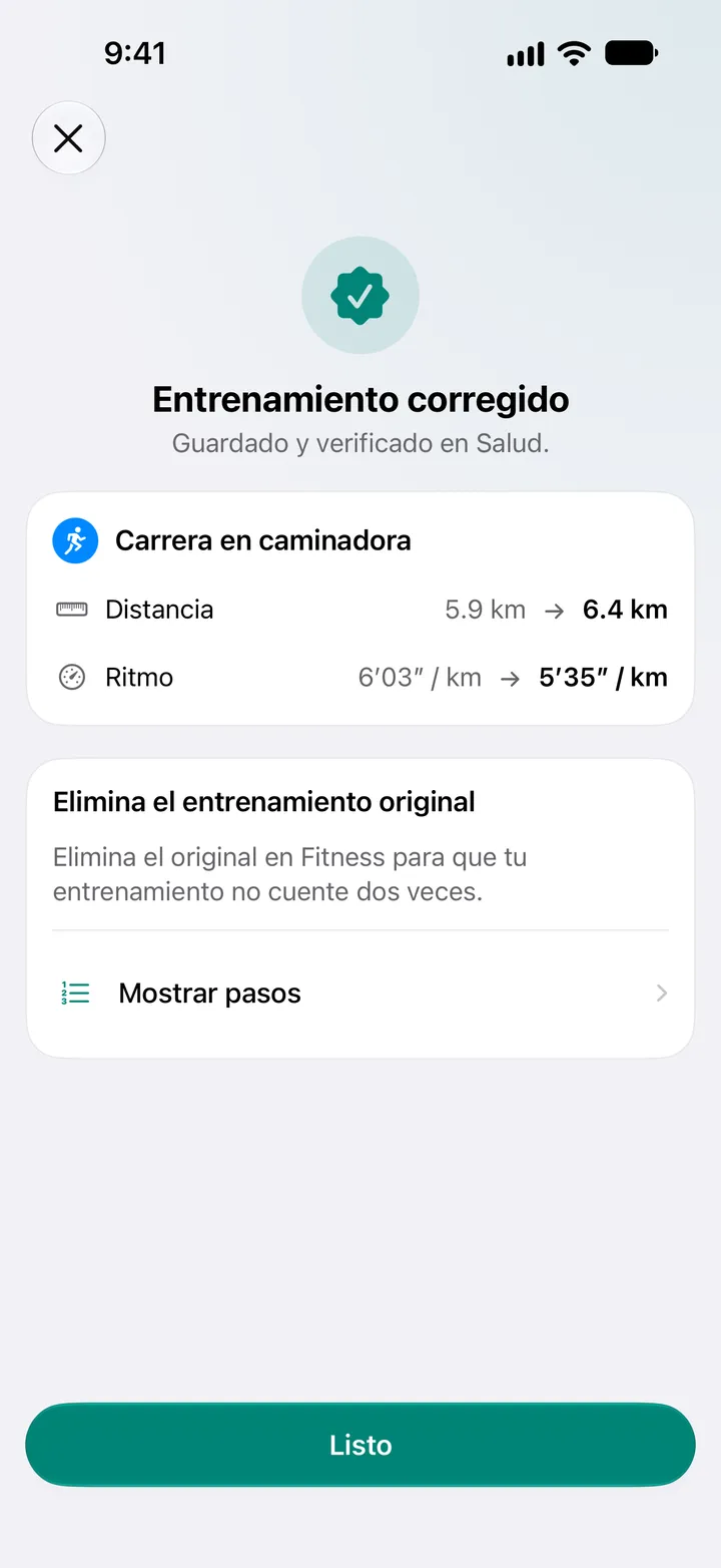 Pantalla “Entrenamiento corregido” con la distancia y el ritmo cambiados, y los pasos para eliminar el original en Fitness.