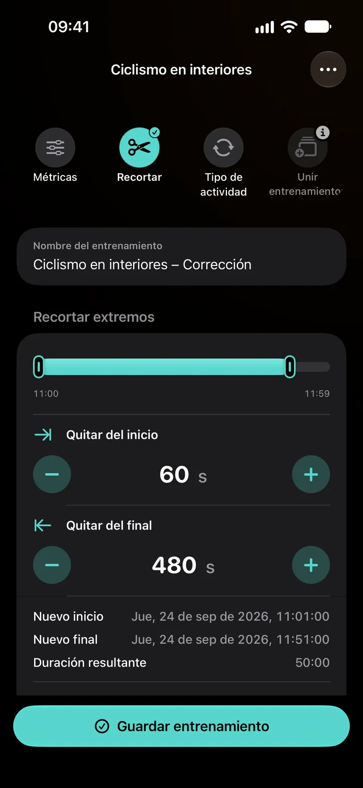 Editor “Recortar extremos” de una sesión de ciclismo en interiores: 60 segundos eliminados del inicio y 480 segundos del final, con una duración de 50:00.