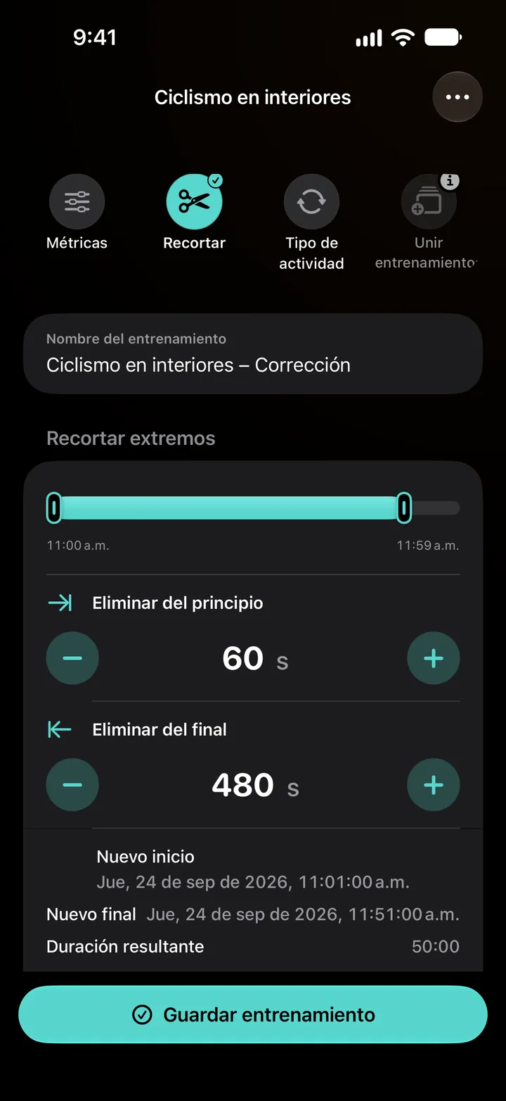 Recortar extremos de una sesión de ciclismo en interiores: 60 segundos eliminados del inicio y 480 del final, nuevo inicio 11:01, nuevo final 11:51, duración resultante 50:00.