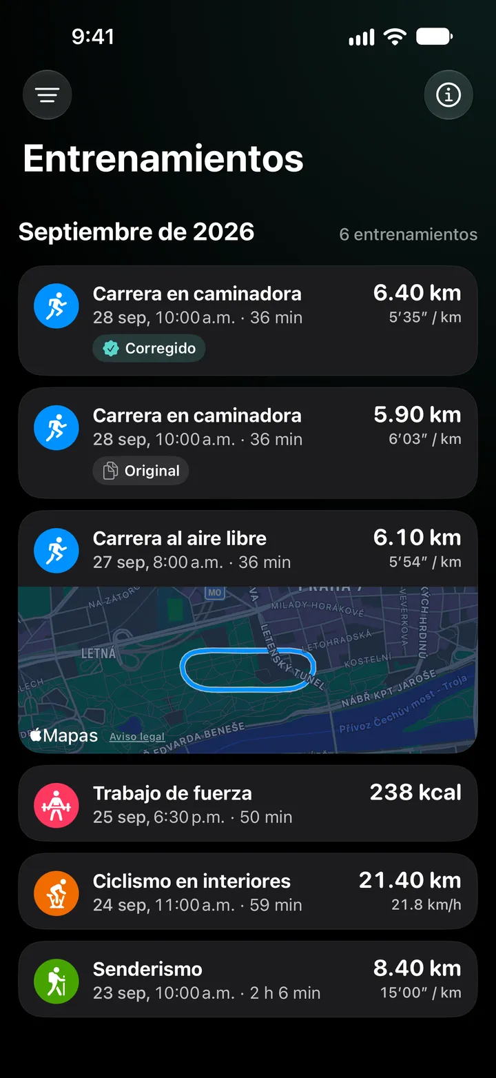 Lista de entrenamientos de septiembre de 2026: la carrera en caminadora corregida con 6.40 km encima del original con 5.90 km, y después una carrera al aire libre con su ruta, entrenamiento de fuerza, ciclismo en interiores y una ruta de senderismo.