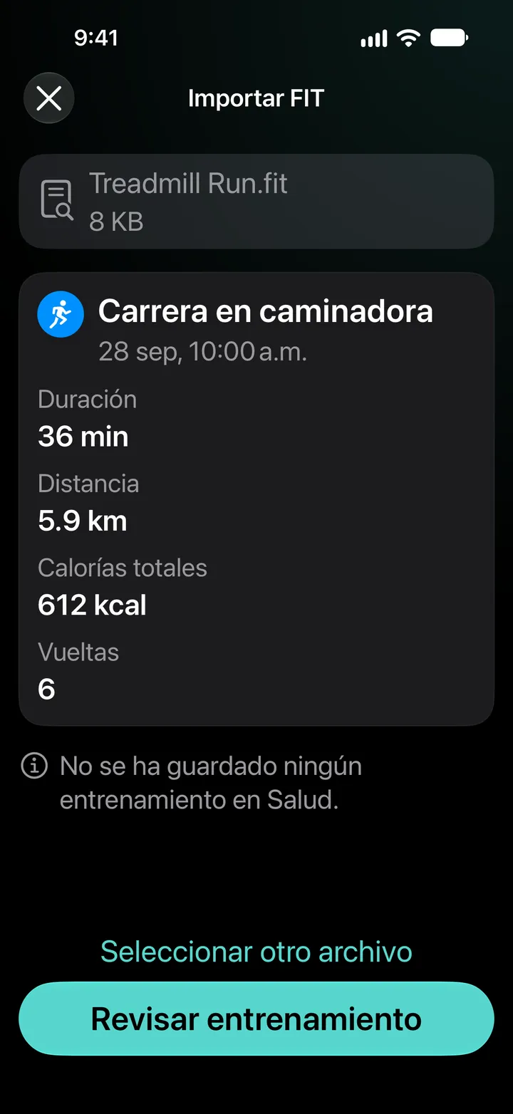 Vista previa de la importación FIT de Treadmill Run.fit: 36 minutos, 5.9 km, 612 kcal, 6 vueltas. No se ha guardado ningún entrenamiento en Salud.