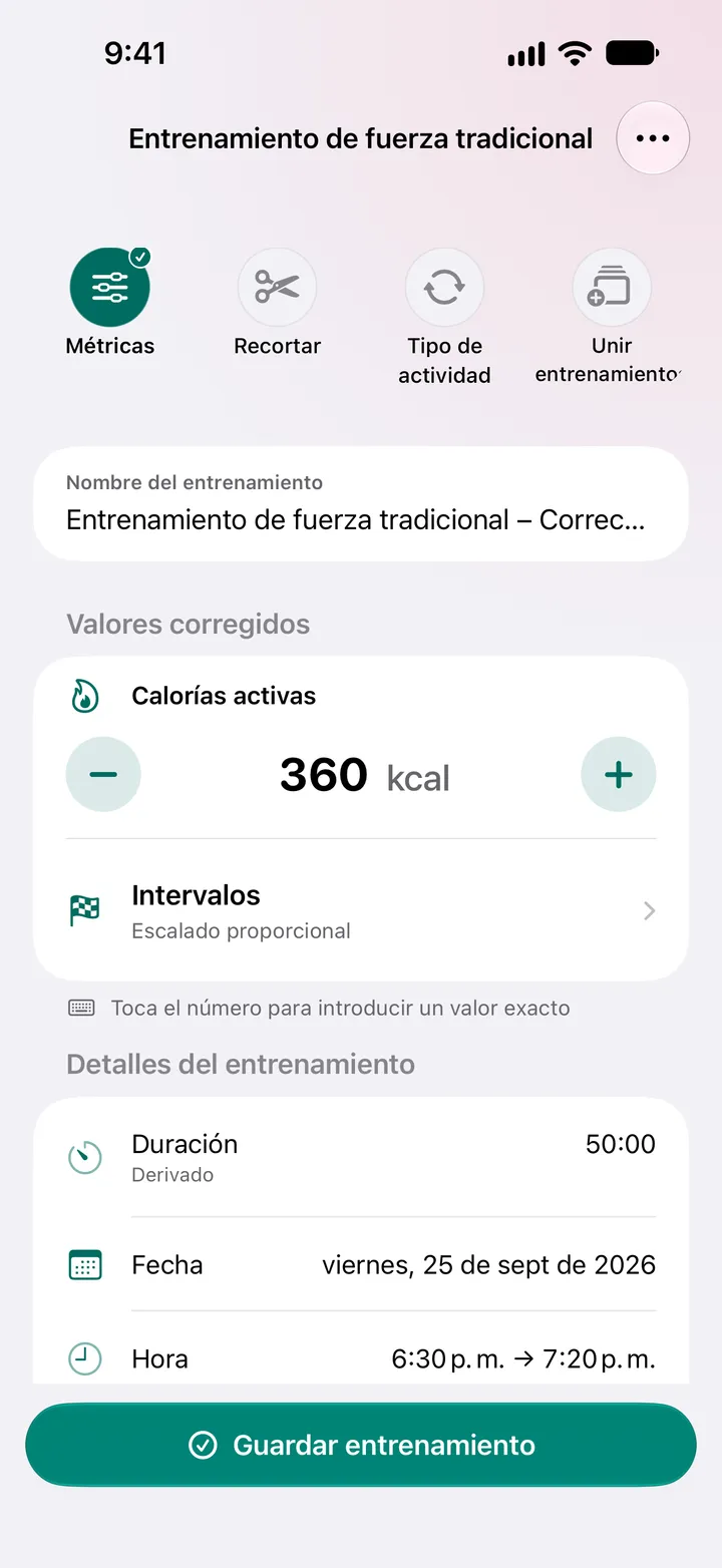 Entrenamiento de fuerza tradicional – Corrección con las calorías activas en 360 kcal y una duración de 50:00.