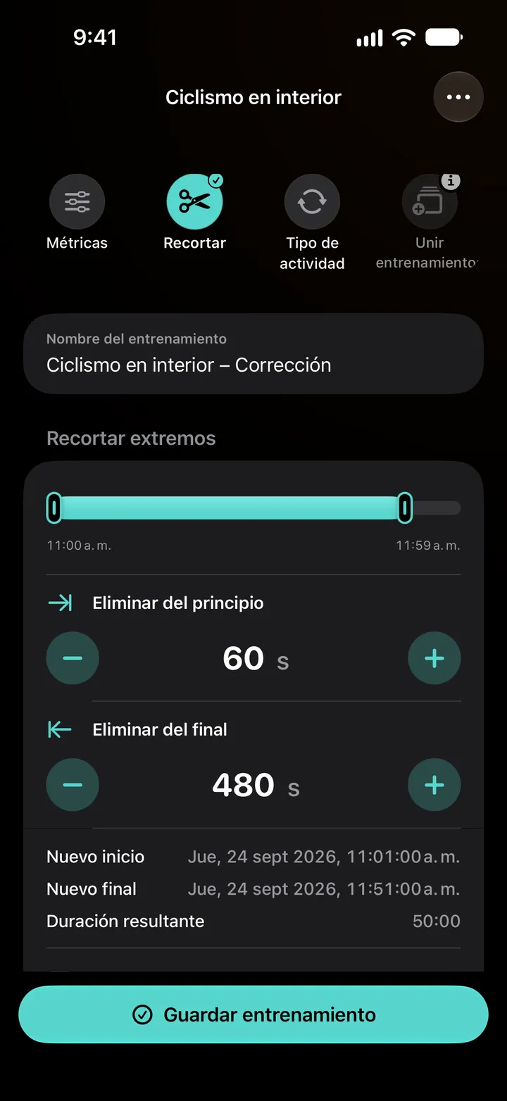 Recortar extremos de una sesión de ciclismo en interior: 60 segundos eliminados del inicio y 480 del final, nuevo inicio 11:01, nuevo final 11:51, duración resultante 50:00.