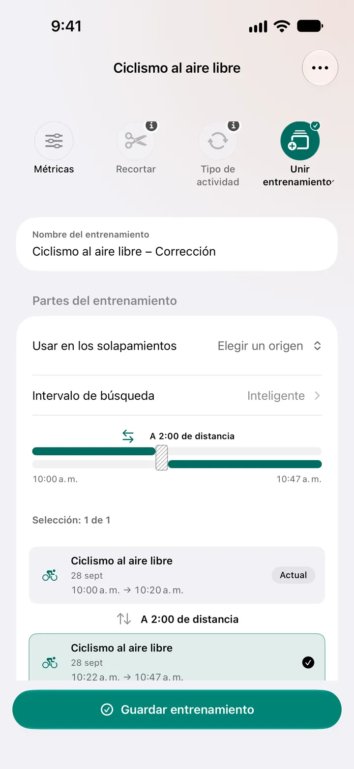 Dos salidas de ciclismo al aire libre separadas por dos minutos, de 10:00 a 10:20 y de 10:22 a 10:47, seleccionadas para unirlas, con la opción «Usar en los solapamientos» para elegir la fuente.