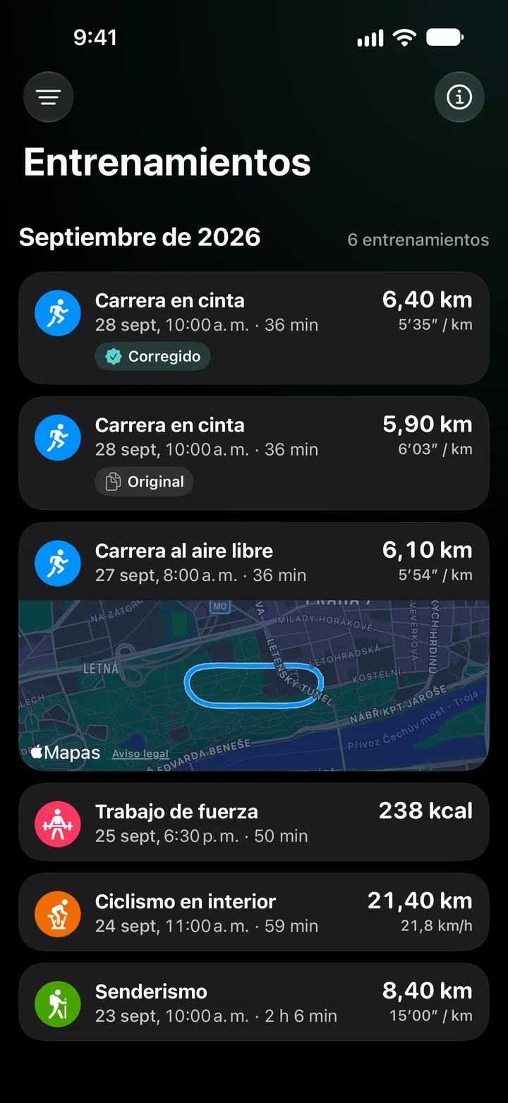 Lista de entrenos de septiembre de 2026: la carrera en cinta corregida con 6,40 km encima del original con 5,90 km, y después una carrera al aire libre con su ruta, entrenamiento de fuerza, ciclismo en interior y una ruta de senderismo.