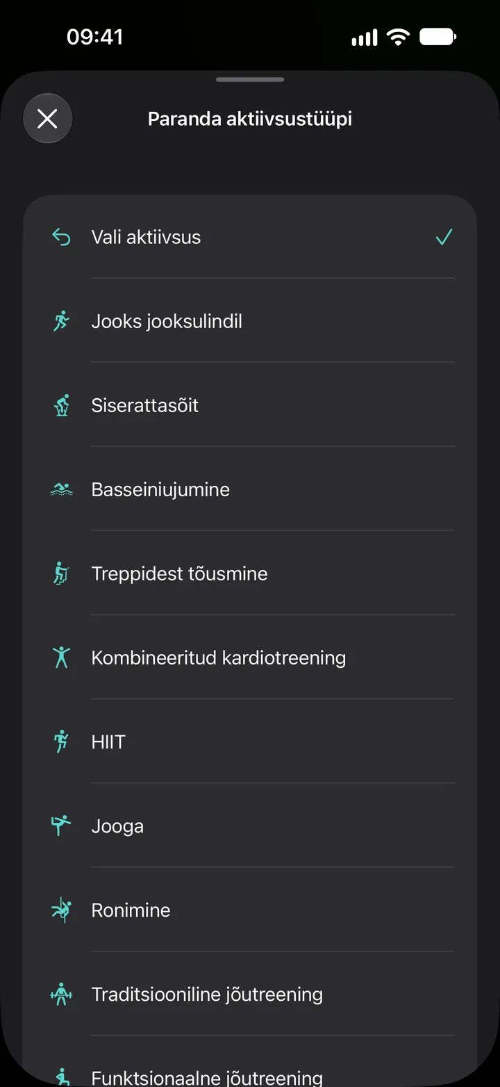 Loend „Paranda aktiivsustüüpi“ rakenduses Fix My Workout: jooks jooksulindil, siserattasõit, basseiniujumine, treppidest tõusmine, kombineeritud kardiotreening, HIIT, jooga, ronimine ja jõutreening.