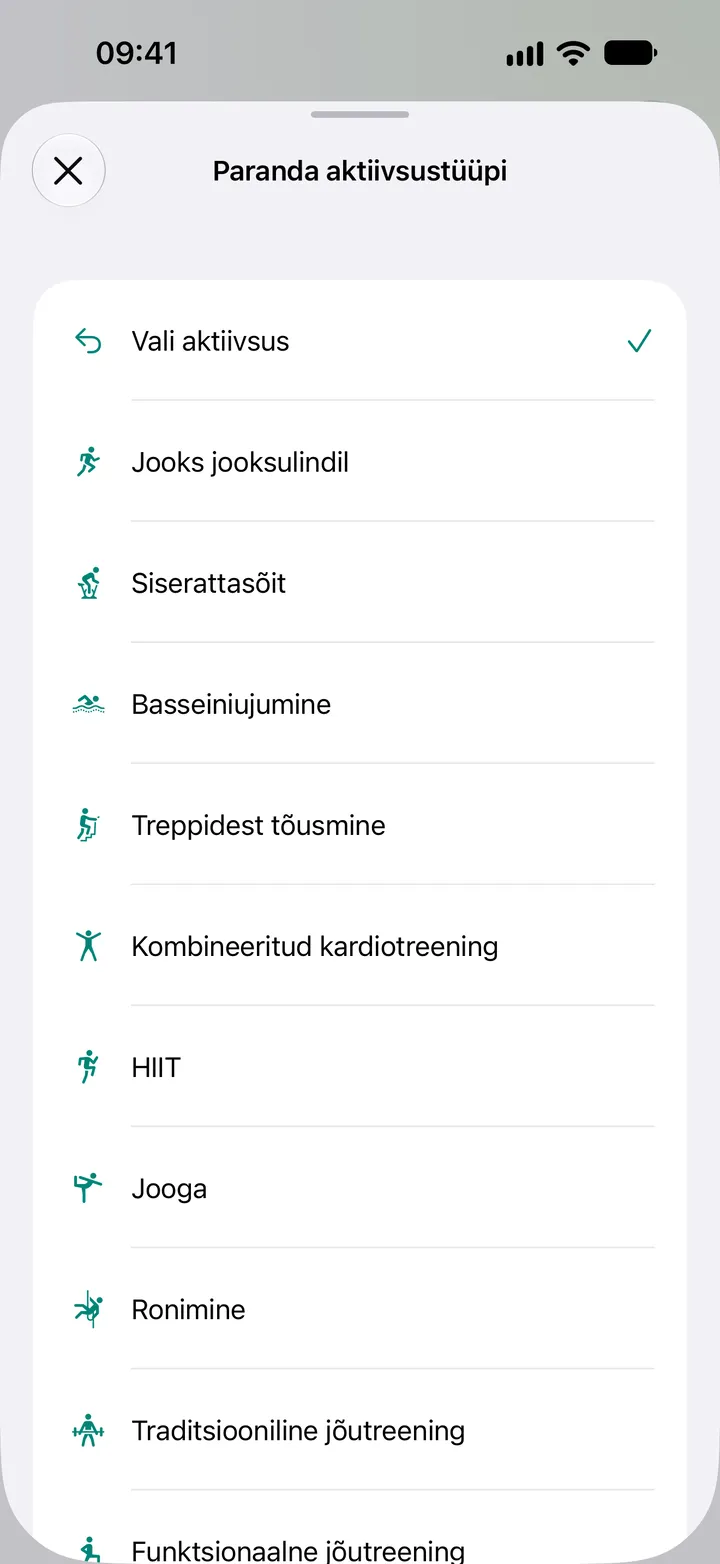 Loend „Paranda aktiivsustüüpi“ rakenduses Fix My Workout: jooks jooksulindil, siserattasõit, basseiniujumine, treppidest tõusmine, kombineeritud kardiotreening, HIIT, jooga, ronimine ja jõutreening.
