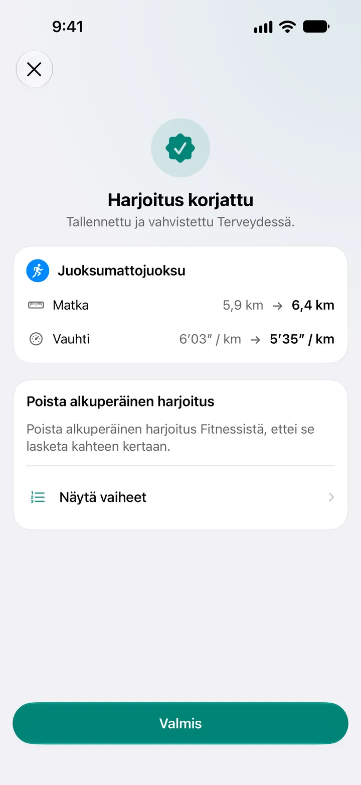 Harjoitus korjattu -näkymä, jossa näkyvät muuttunut matka ja vauhti sekä ohjeet alkuperäisen poistamiseen Kuntoilu-apissa.