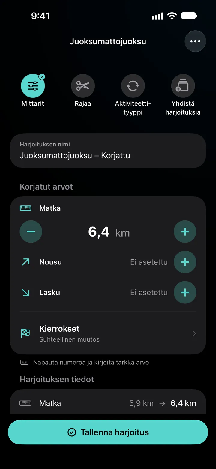 Muokkausnäkymä Juoksumattojuoksu – Korjattu: matka asetettu 6,4 km:iin, kierrokset jaettu tasaisesti ja harjoituksen tiedoissa 5,9 km muutettu 6,4 km:iin.
