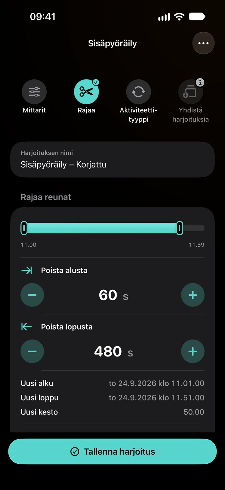 Sisäpyöräilyharjoituksen Rajaa reunat -näkymä: alusta poistettu 60 sekuntia ja lopusta 480 sekuntia, joten kestoksi tulee 50:00.