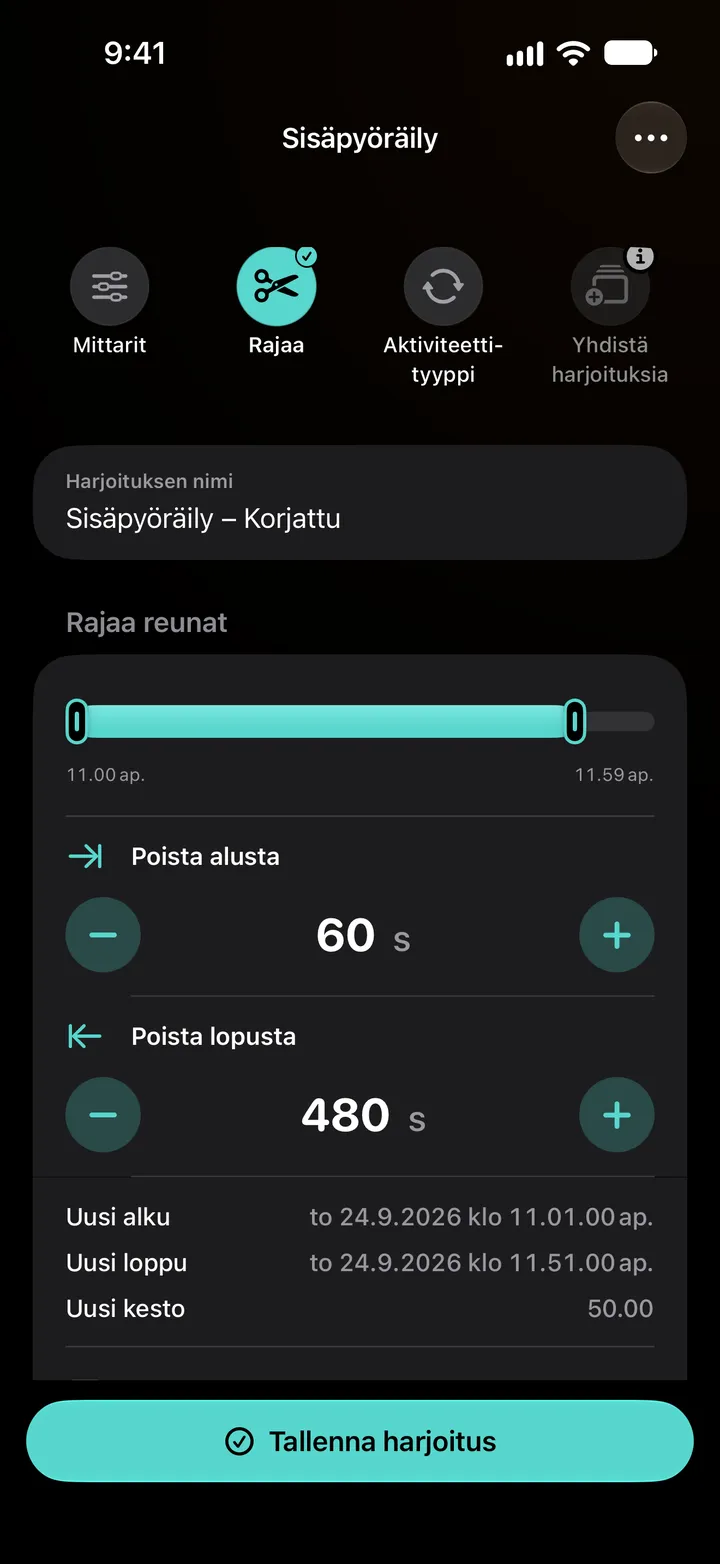Sisäpyöräilyn reunojen rajaus: alusta poistettu 60 sekuntia ja lopusta 480, uusi alku 11:01, uusi loppu 11:51, uusi kesto 50:00.