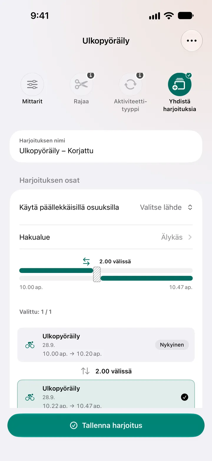 Kaksi ulkopyöräilyä, joiden välissä on kaksi minuuttia, 10:00–10:20 ja 10:22–10:47, valittuna yhdistettäviksi. Päällekkäiselle osuudelle voi valita lähteen.